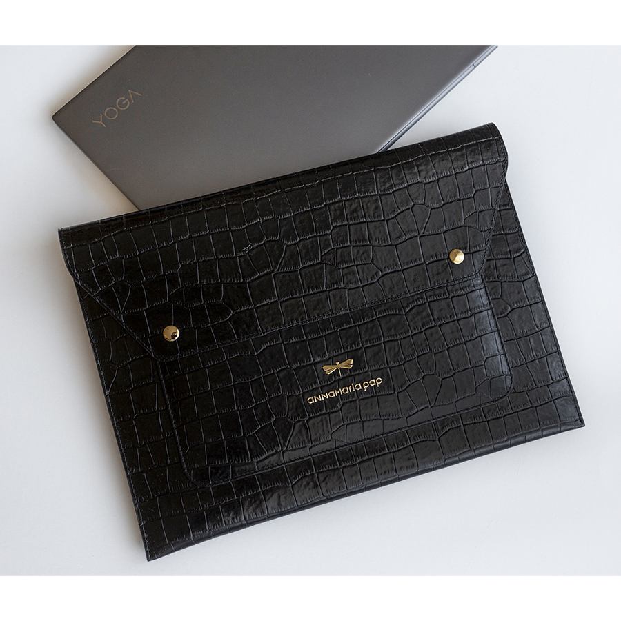 TORI black croc print leather laptop case